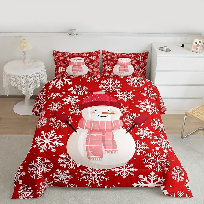 Feelyou Christmas Comforter Set All Season Snowman Red Bedding Set with 1 Pillow Cases Xmas Snowflakes Microfiber Kids Toddler Bedclothes Winter Snow Bedroom Decor Duvet Quilt Breathable Soft