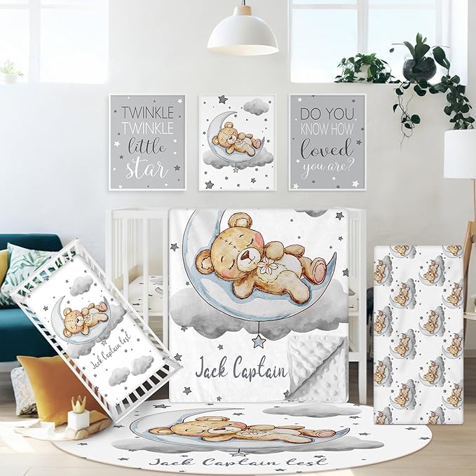Personalized Baby Crib Bedding Set with Name, 5 Pcs Grey Bear Baby Crib Set for Infants Toddlers, Double Layer Nursery Bedding, Infant Toddler Newborns Customized Gifts, Crib Accessories