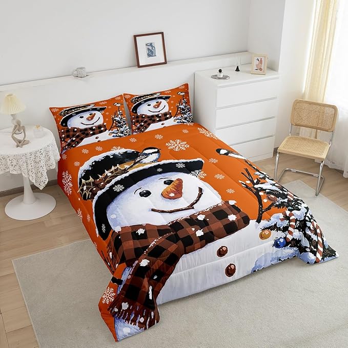 Feelyou Kids Christmas Theme Decorations Bedding Set Xmas Snowman Comforter Set for Boys Girls Snowflake Kawaii Cute Comforter Pumpkin Orange Quilt Set Bedroom Collection Twin Size