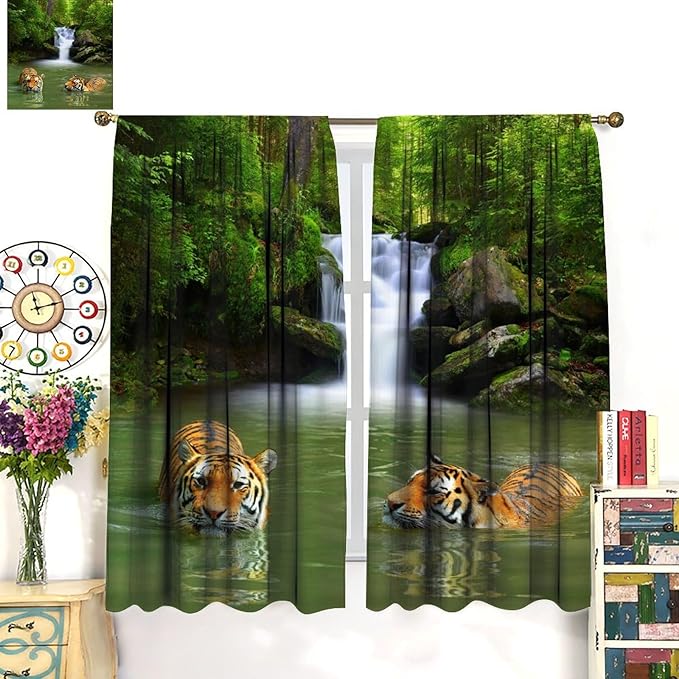 Forest Waterfall Landscape Blackout Window Curtains, Animals Tigers Waterfall Woodland Natural Window Drapes, for Living Room Bedroom 42" W X 45" L