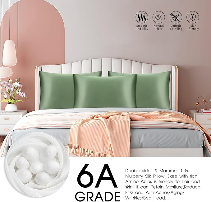 100% Mulberry Silk Zippered Bed Pillowcase for Hair and Skin,Zip Up Real Silk Large Pillow Case,19 Momme Grade 6A,1pc,Sage Green,Super King Size 20x36 Inches