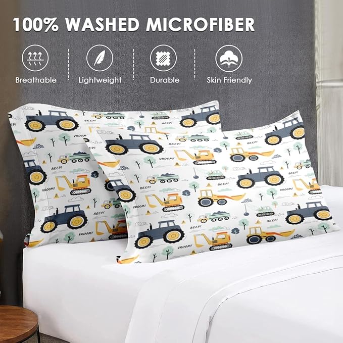 7 Pcs King Size Comforter Set with 2 Pillowcases & 2 Shams, Tractor Bedding for Kids and Adults, Construction Truck Bedding Set with Flat & Fitted Sheet