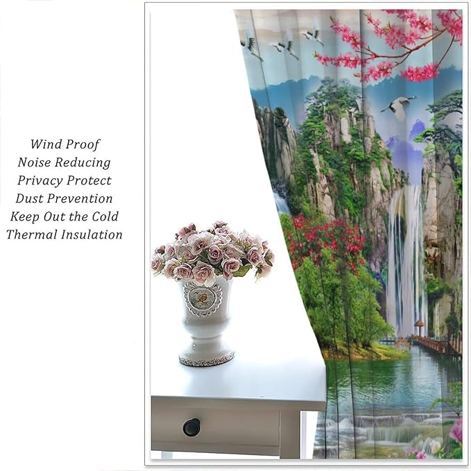 Waterfall Blackout Curtains, Forest Waterfall Rocky Lotus Fish Landscapes Print Window Drapes, for Living Room Bedroom 63" W X 72" L