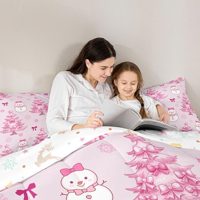 Feelyou Merry Christmas Bedding Set Soft for Boys Girls, Cute Snowman Comforter Set Toddler Size Cartoon Bowknot Duvet Quilt Microfiber Christmas Tree 2 Pcs with 1 Pillow Cases