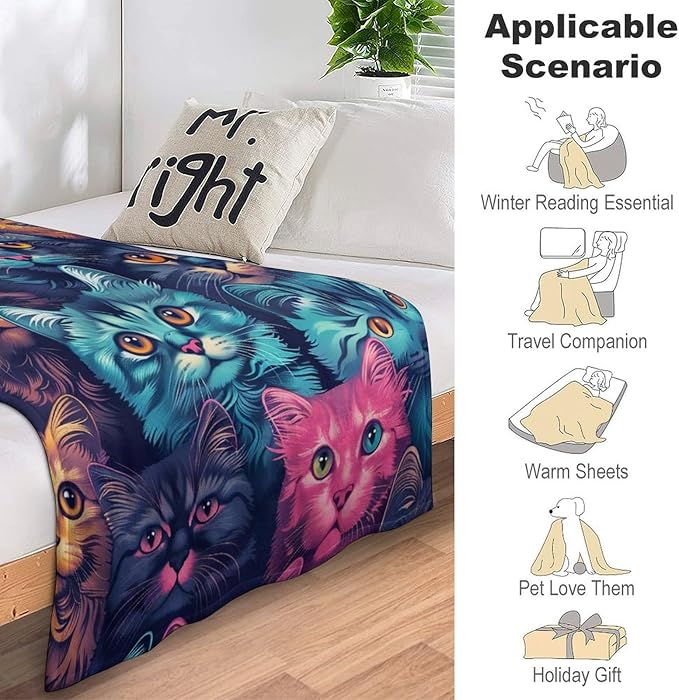 Funny Colorful Cat Print Blanket Kawaii Kitty Animal Throw Blankets Gifts for Couch Sofa Bed Stuff Decor Soft Cozy Fleece Plush Warm Flannel Bedding for Lover Men Women 60"x80"