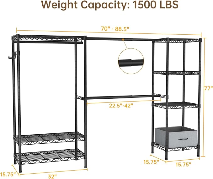 Coat Rack Clothes Wardrobe：Closet Organizer and Storage Clothing Garment Rack with Shelves Heavy Duty for Hanging Clothes Portable Adjustable Black 15.8" Dx(70-88.5)" Wx76.5 H