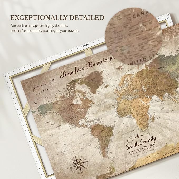 ElephantStock - Personalized Be The Navigator I Push Pin World Map Wall Art - Horizontal Canvas Wall Art - Living Room Wall Decor - Digital Art Map Canvas Art - Brown And Beige Decor - 39" x 26"