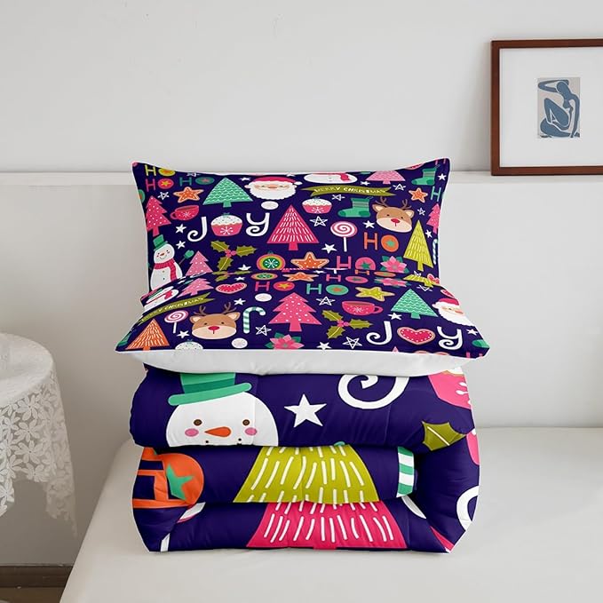 Merry Christmas Kids Comforter Set Full Size,Cartoon Santa Claus Snowman Bedding Set,Boys Girls Adults Room Decor,Pines Deer Cute Xmas Down Comforter,Colorful Romantic Duvet Insert,2 Pillowcases