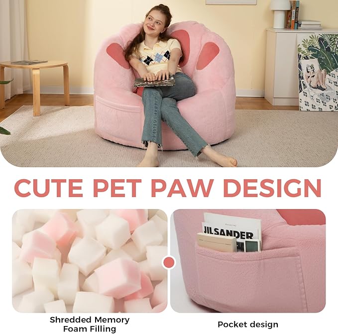 Bean Bag Chair for Adults Teens, Faux Fur Pet's Paw Shape Beanbag Chairs Memory Foam Filled Accent Floor Sofa for Kids Reading, Gaming, Relaxing in Living Room, Bedroom, Dorm, Playroom