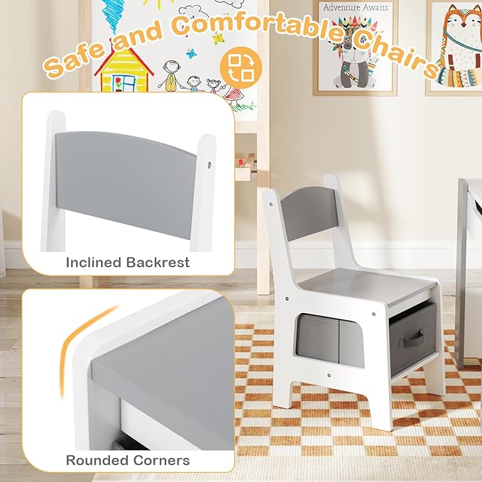 HONEY JOY Kids Table and Chairs, 4-in-1 Children Wooden Activity Set w/Double Bookshelves, Storage, Detachable Tabletop, for Art, Craft, Drawing, Reading, Gift for Toddlers 3-6 Years Old (Gray)