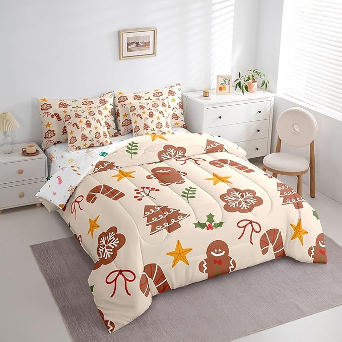 Merry Christmas Kids Bedding Set Xmas Theme Comforter Set with Sheets for Boys Girls Cartoon Gingerbread Man Christmas Tree Decor Bed in a Bag Brown Bed Set 7Pcs King Size