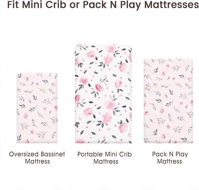PHF Soft Mini Crib Sheet Set, 2 Pack Silky Comfy Pack N Play Sheets for Girls, Universal Fit for Pack N Play, Playard and Mini Crib Mattresses, Pink Floral