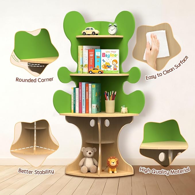 Bookshelf for Kids, Children Bear-Bookshelf, Space-Saving Montessori Toddler Corner Bookcase for Nursery, Classroom, Kindergarten, Kids Rooms