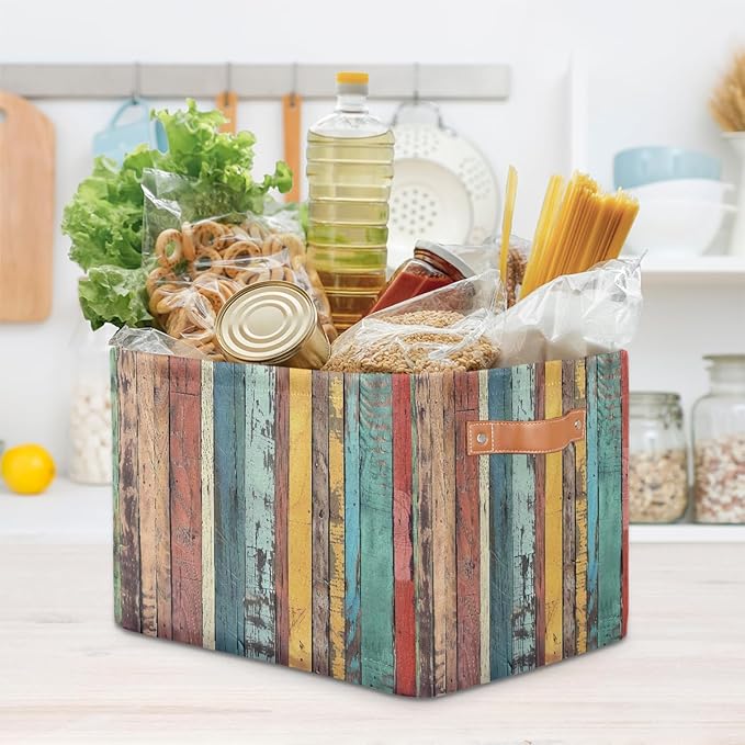 Rustic Wooden Storage Basket for Shelves, Storage Bins with Handles, Collapsible Basket for Organizing, Closet Toy Baskets for Nursery Room, 15x11x9.5 in, Canvas, Rainbow Colored