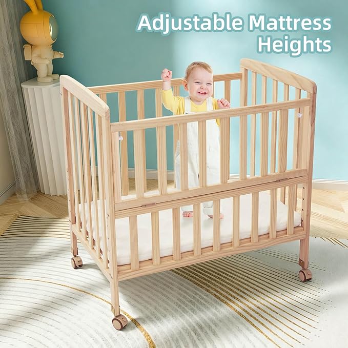 Portable Mini Baby Crib - Convertible Baby Cribs with Soft Foam Mattress(33 * 20"),6 Heights Bedside Bassinet Sleeper,Wheeled Bedside Crib Co Sleeper for Small Space,Unpainted