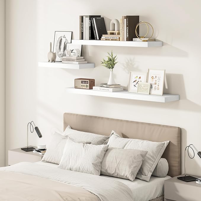Vivelove 2" Thick Floating Shelves, 24/36/48/55 Inch X 12 Deep Shelves for Room Wall Mounted, Floating Shelf for Living Room Bedroom Bathroom Kitchen Laundry Room, Set of 2 White
