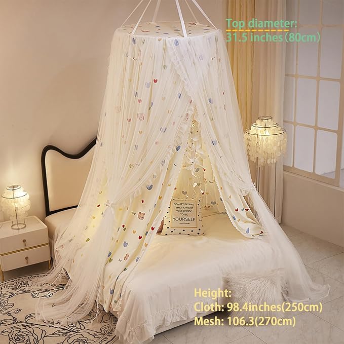 Bed Canopy for Girls, Double Layer Dome Mosquito Net Princess Canopy for Girls Bed Room Decor Reading Nook (Lovely Bear)