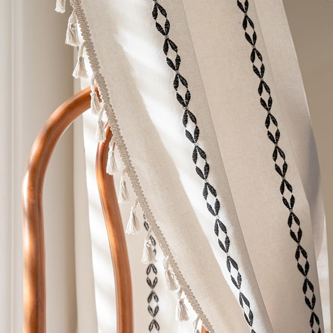 Deeprove White and Black Boho Curtains 63 inches Length for Living Room Bedroom Nursery, Aztec Chic Bohemian 63 inches Long Damask Stripe Embroidery Privacy Window Fringe Decor W52 x L63, 1 Panel