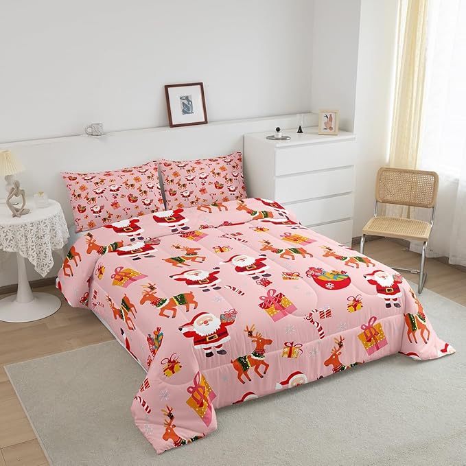 Feelyou Christmas Bedding Set for Kids Boys Girls King Size Santa Claus Comforter Set Ultra Soft Xmas Deer Elk Decor Comforter Duvet Quilt Bedroom Decor Christmas Decor Quilt