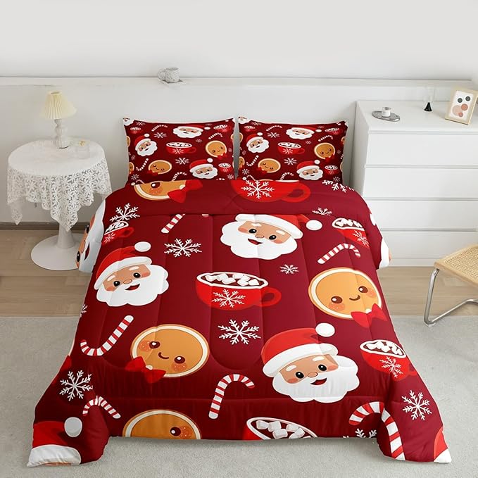 Feelyou Merry Christmas Comforter Set Queen Size Santa Claus Bedding Set for Kids Boys Girls Gingerbread Man Duvet Quilt Snowflake Bedroom Decor Microfiber 3 Pcs with 2 Pillow Cases
