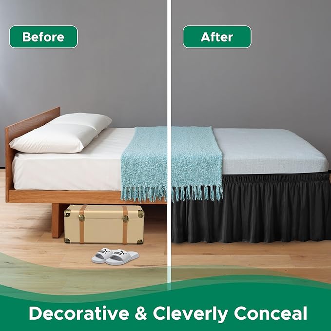 Biscaynebay Wrap Around Bed Skirts for Full & Full XL Beds Short Drop of 12", Black Adjustable Elastic Dust Ruffles Easy Fit Wrinkle Resistant Silky Luxurious Fabric Machine Washable