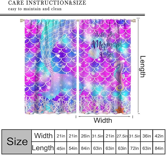 Dream Mermaid Curtains for Kids Boys Girls Ocean Theme Colorful Rainbow Fish Tail Blackout Window Treatment for Bedroom Nursery Room Decor Window Drapes 42" W X 54" L