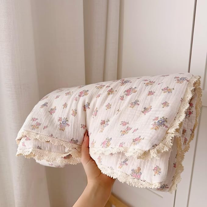 BuLuTu Retro Design Tuberose Flower Quilt Blanket for Toddler Girls Chic Floral Crib Comforter Soft Gauze Toddler Bedding Lightweight Comforter for All Seasons, Machine Washable, 60x78 Inches