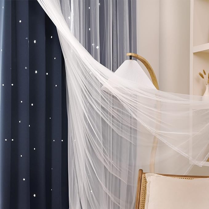 Kinryb Kids Blackout Curtains for Bedroom/Living Room/Classroom, Sheer Overlay 2 Free Tiebacks, Double Layer Curtains with Star Cutout for Kids Room(Each Piece W70xL72 Inches 2 Pcs Stone Blue)