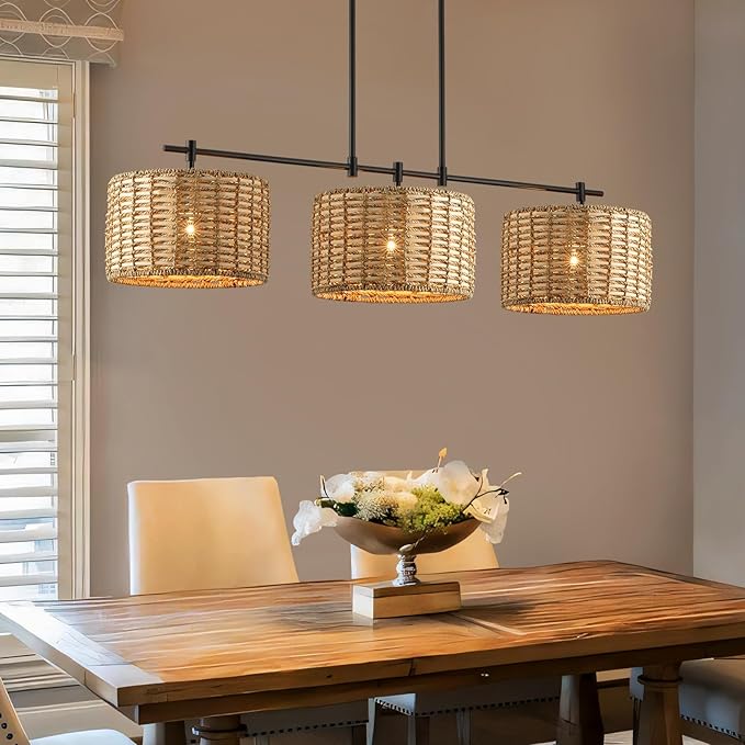 41" Chandelier Woven Rattan Light Fixture with 3 Wicker Lampshades, Large Linear Boho Chandeliers Drum Pendant Lights Kitchen Island