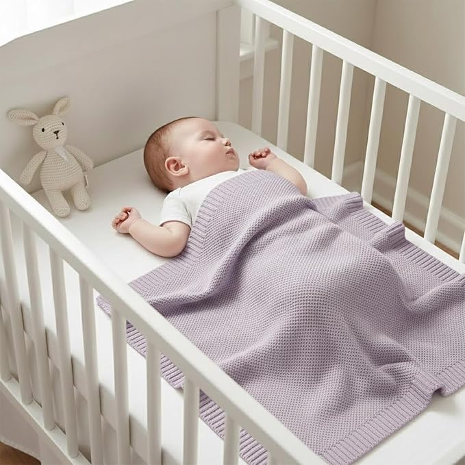 Baby Knit Blanket Soft Cotton Lightweight Newborn Blanket for Crib Stroller Toddler Nursery Shower Gift Cozy Breathable Travel Swaddle Wrap Lilac 30 x 30 Inches