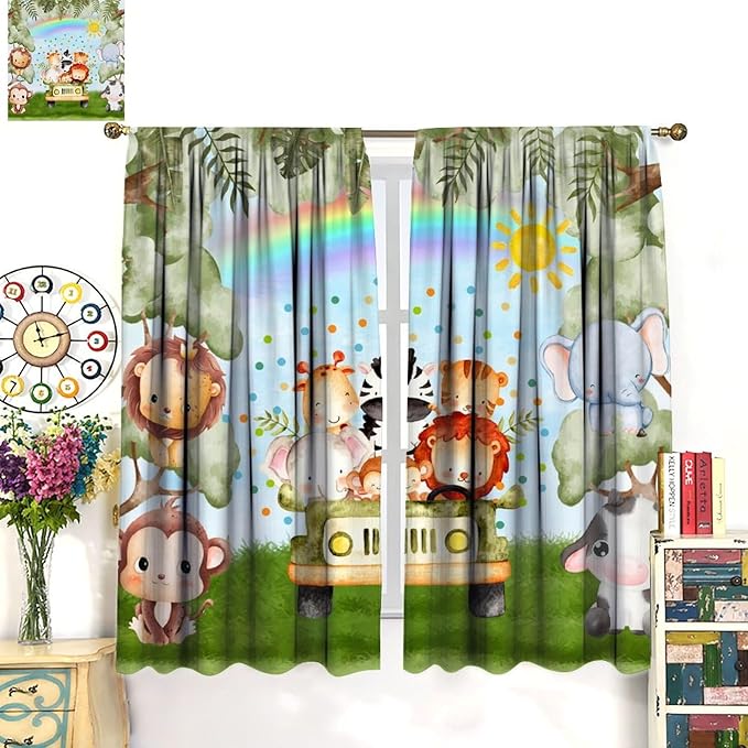 Woodland Kids Curtains Rustic Woodland Wild Animals Watercolor Forest Rainbow Sun Window Draeps for Baby Girls Boys Kids Nursery Bedroom Living Room 2 Panels, 63x63 Inch