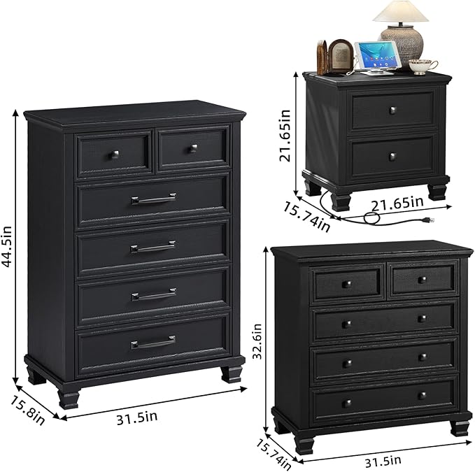 Farmhouse Bedroom Dresser and Nightstand Set of 4, 6 Drawer Tall & 5 Drawers Dresser & 2 Drawer Nightstand Set, Rustic Wood Furniture Set for Bedroom, Hallway, Black