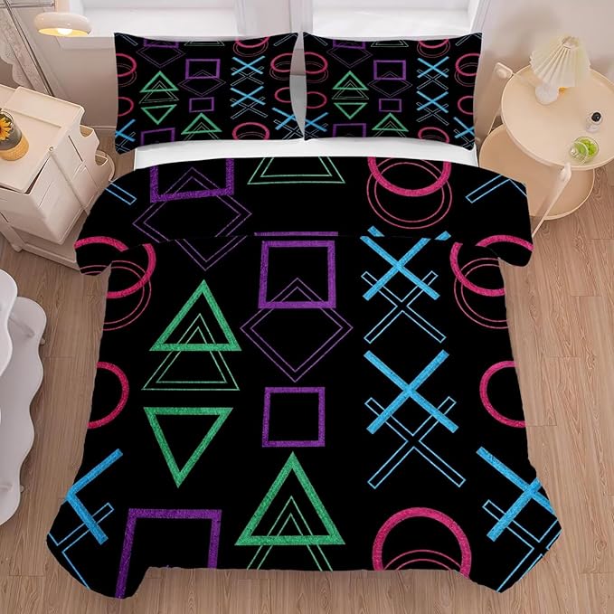Game Comforter Set Full/Queen Size Geometric Bedding for Kids Boys Men Black Abstract Bedroom Decor Quilt Bed Sets, 1 Comforter 2 Pillowcases