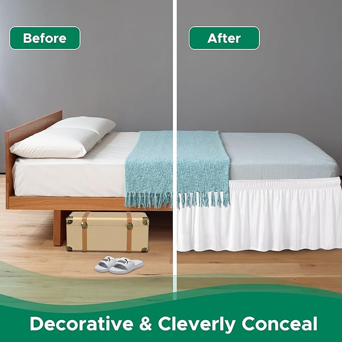 Biscaynebay Wrap Around Bed Skirts for Twin & Twin XL Beds 15" Drop, White Adjustable Elastic Dust Ruffles Easy Fit Wrinkle & Fade Resistant Silky Luxurious Fabric Machine Washable