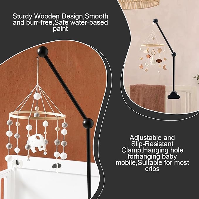 Mobile Arm for Crib Baby Crib Mobile Arm 27.2in Height Wooden Cloud Cot with Adjustable Anti Slip Attachment Clamp Cot Bed Bell Wind Chimes Hanger Bracket