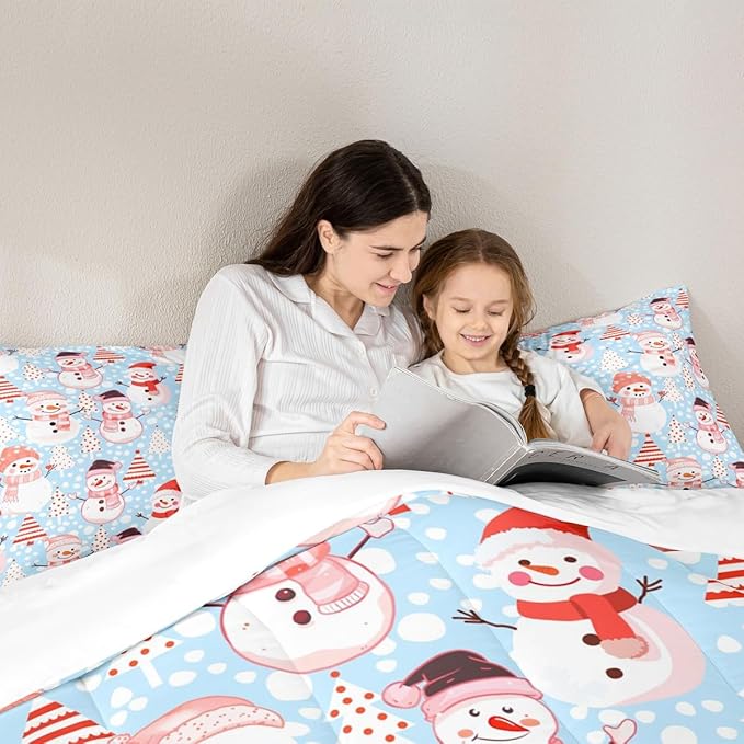 Manfei Christmas Comforter Set Twin Size, Snowman and Xmas Trees Bedding Set 2pcs for Kids Girls Adults Bedroom Decor, New Year Blue Down Comforter Soft Polyester Quilt Set with 1 Pillowcase