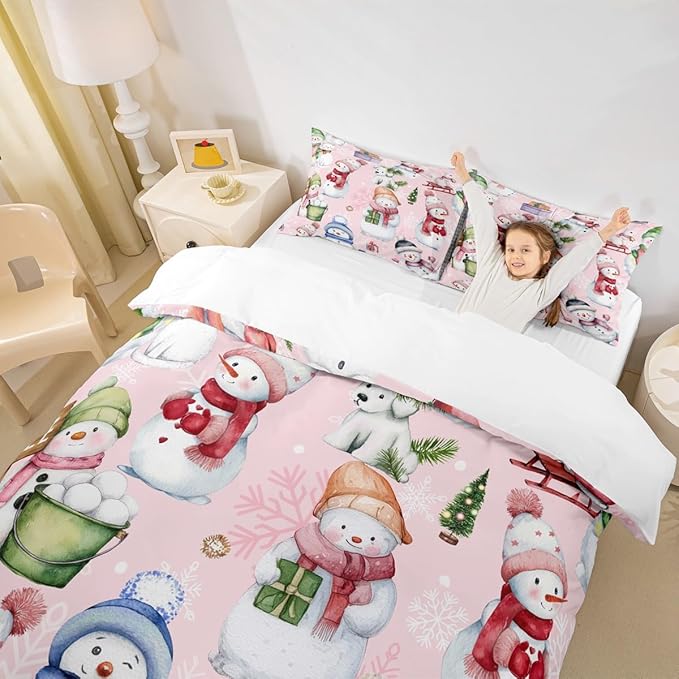 Manfei Christmas Duvet Cover Set Queen Size, Cute Snowman Dogs Snowflake Comforter Cover with 2 Pillowcases, New Year Pink Bedding Set 3pcs for Kids Boys Girls Lightweight Bedspread Cover,No Comforter