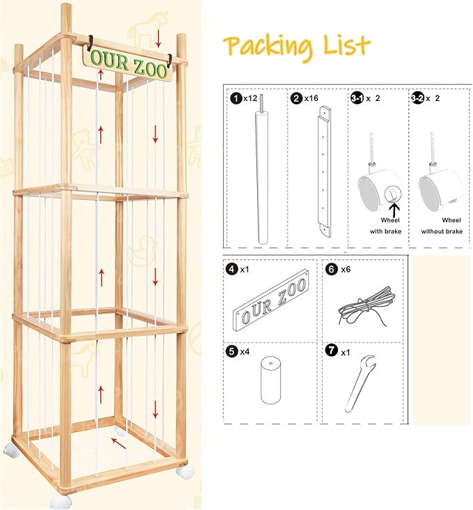 Stuffed Animal Storage with Wheels Wooden Stuffed Animal Holder 54" Stuffed Animal Organizer Space Saving Plushies Storage with Elastic Band Large Capacity Stuffy Storage for Playroom Bedroom