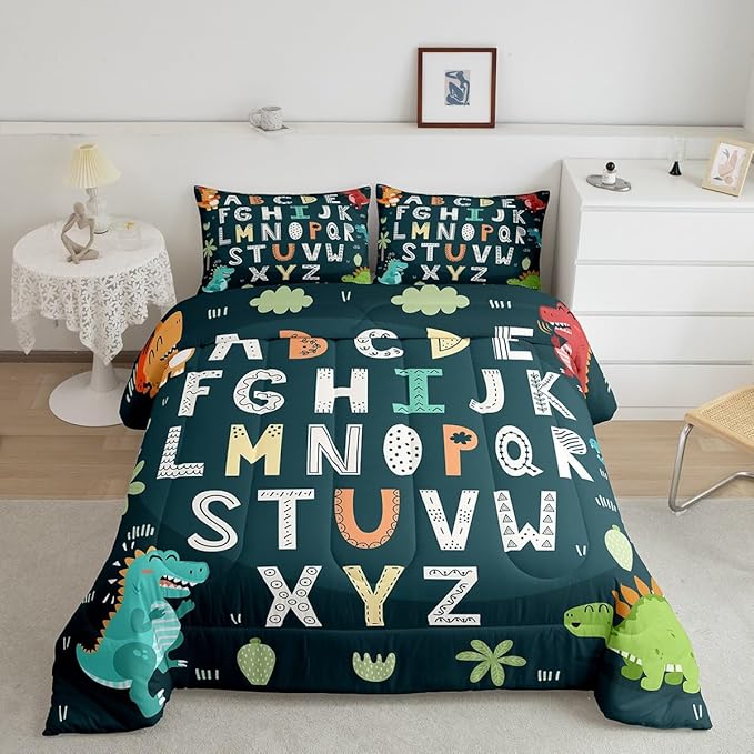 Alphabet Kids ABC Learning Bedding Set Full Size, Cartoon Dino Comforter Kids Educational Nursery Art Comforter Set for Boys Girls Jungle Dino Duvet Set Durable Bed Set 3Pcs