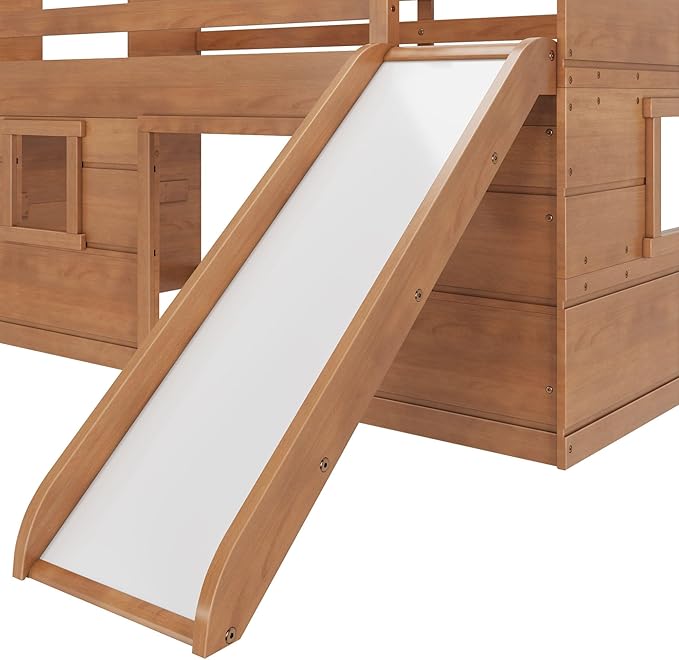 Max & Lily Loft Bed Twin Size, Solid Wood Low Loft Bed with Slide and Ladder, Modern Farmhouse Loft Bed for Kids, Farmhouse Pecan