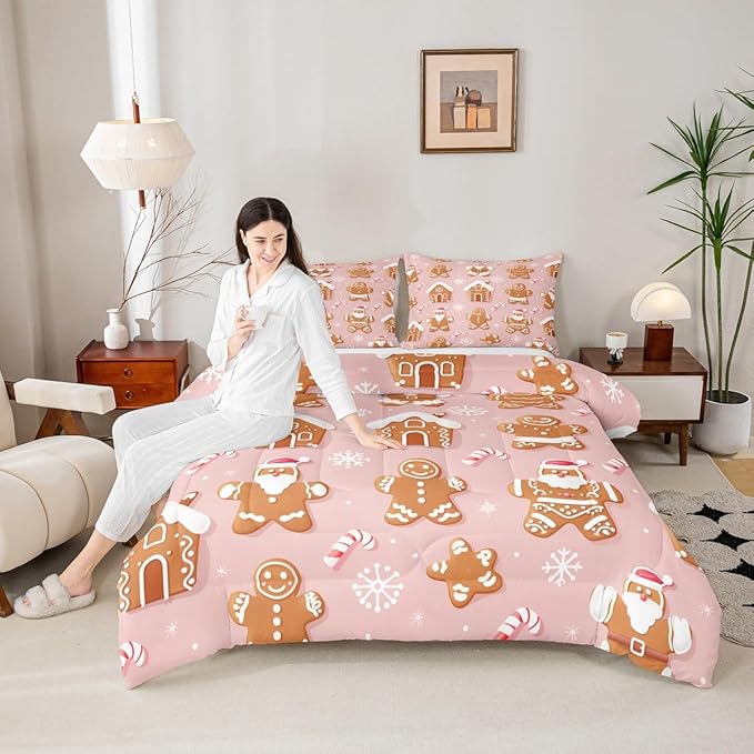 Feelyou Christmas Comforter Set All Season Gingerbread Man Bedding Set with 2 Pillow Cases Santa Microfiber Kids Full Bedclothes Snowflake Bedroom Decor Duvet Quilt Breathable Soft Lightweight