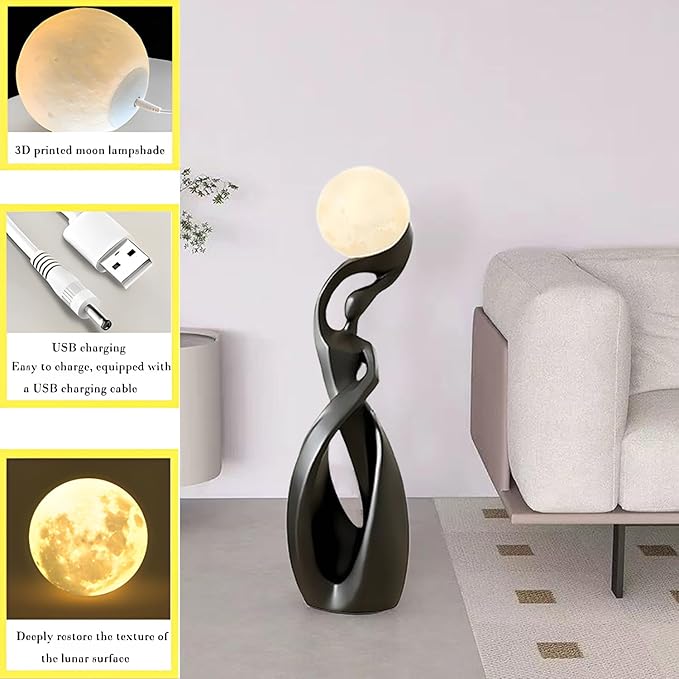 Bofea-Modern Minimalist Floor Lamp, Black for Living Room, Creative Nordic Bedside Bedroom with 3D Moon Tall Lights, Art Decoration for Girls Room, Dresser, Office