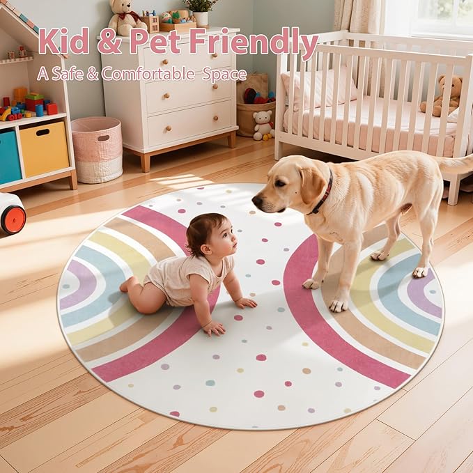 STARUIA Colorful Rainbow Rug for Nursery, 5 Ft Machine Washable Rug for Kids Room, Large Round Rugs for Girls Bedroom, Circle Kids Rugs Soft Polka dot Carpet for Classroom Playroom Tent