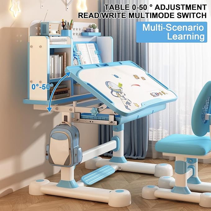 Upgraded Kids Desk and Chair Set,50 Degree Tiltable&Height Adjustable Ergonomic Study Table with Posture Corrector & Dual Back Support, 3-18 Years Adjustable Children's Desk Set with Storage Blue