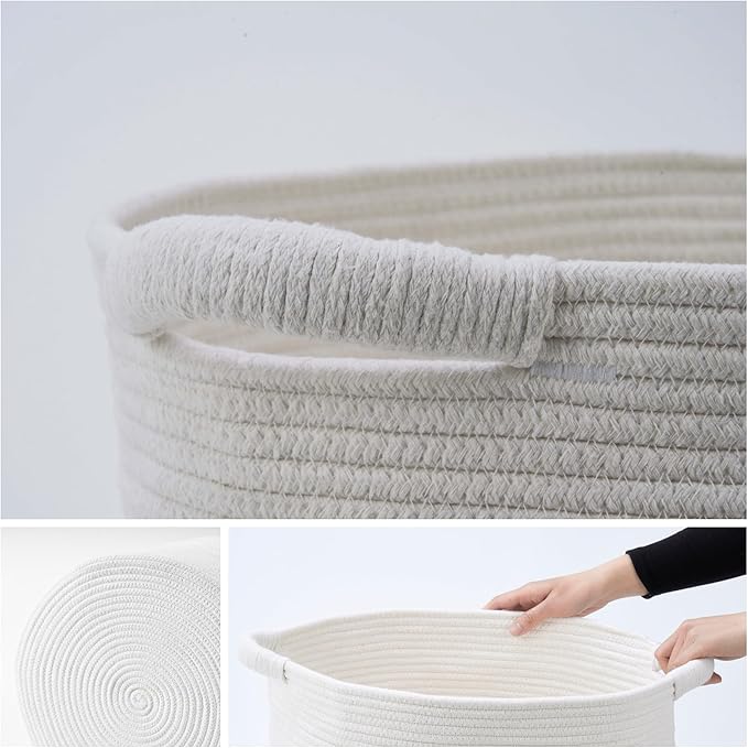 Blanket Basket - Woven Round Rope Storage Basket (16"Wx14"H) for Blankets & Throws, Small Laundry & Toy Organizer, Decorative Living Room & Bedroom Cotton Basket - White