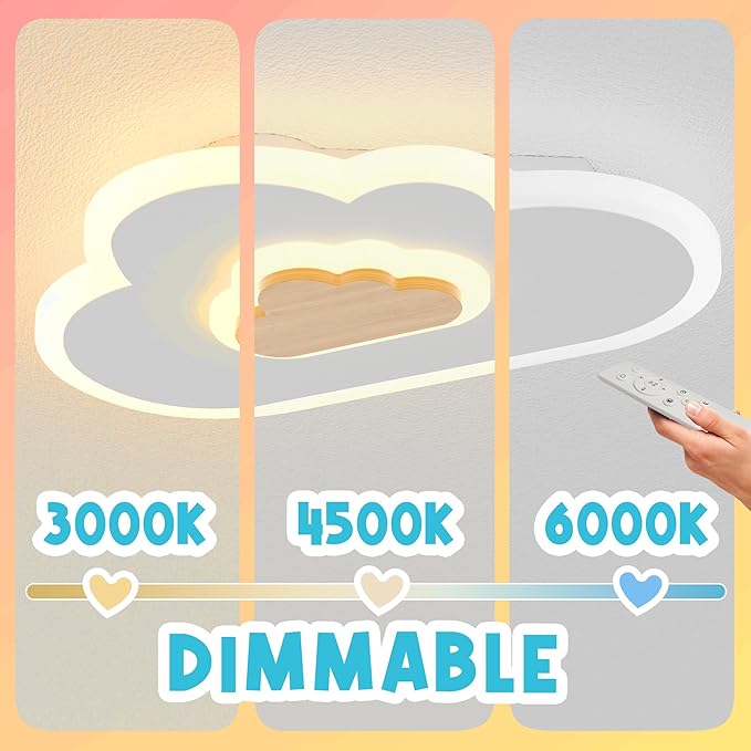 LED Ceiling Light Fixture 19.7in Dimmable Children Cloud Lights for Ceiling with Remote Control 26W Creative Wooden Bedroom Ceiling Lamp for Kids Room Bedroom Living Room, White, YMLED-3
