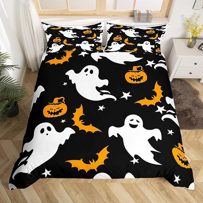 Halloween Bedding Duvet Cover Set Kids Cartoon Ghost Pumpkin Lantern Bedding Set Kids Trick or Treat Decor Comforter Cover Set Microfiber Bat Galaxy Night Bedspread Cover Bedroom Bedclothes King Size