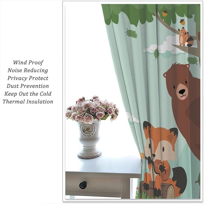 Forest Animals Curtains Colorful Forest Cartoon Cute Fox Bear Giraffe for Kids Boys Girls Nursery Bedroom Living Room Blackout Rod Pocket Decoration Window Drapes 2 Panels W21xL63in