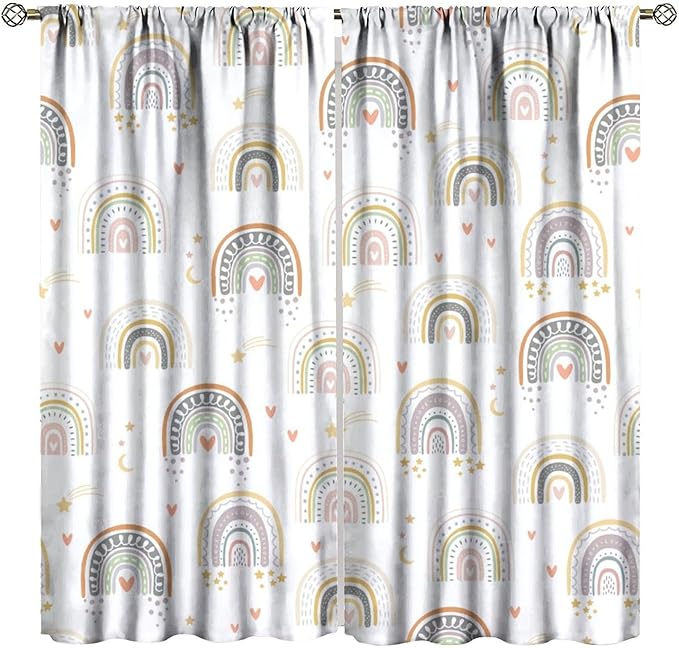 Kids Rainbow Curtains Boho Cartoon Colorful Stars Love Heart Lovely Abstract Art Pattern Print Window Drapes for Girl Bedroom Living Room Kitchen Decor,2 Panel Set,52Wx84H Inch Blackout