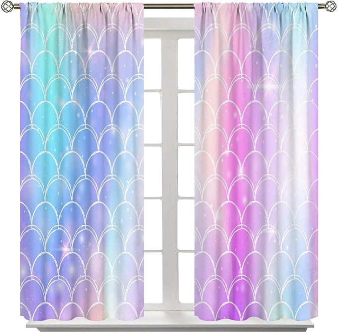 Mermaid Blackout Curtains, Kids Cartoon Blue and Pink Ocean Mermaid Scale Pattern Decoration for Girls Bedroom Nursery Curtains 42x63 Inch